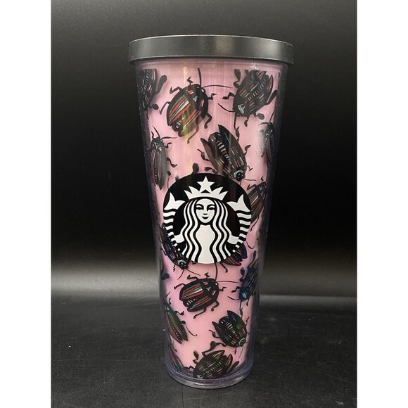 STARBUCKS Pink Beetle Bug Roach Mermaid Siren Logo Cold Cup Tumbler No Straw - Picture 1 of 8